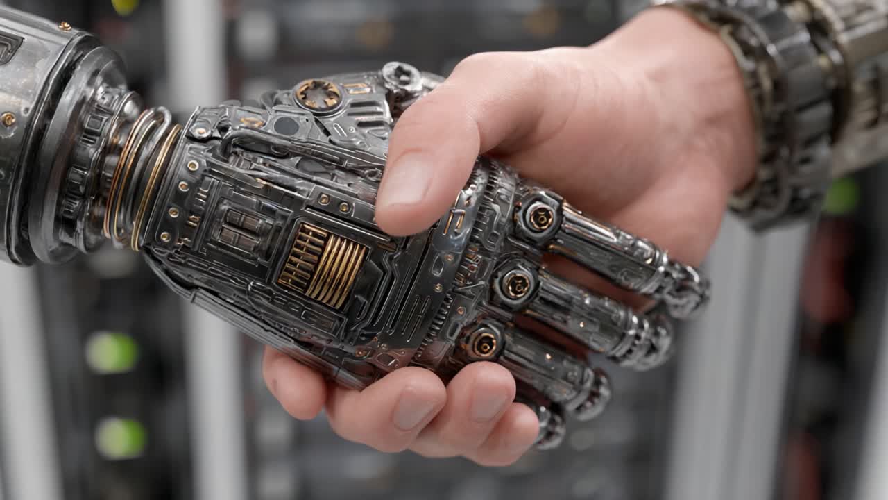 A Futuristic Exchange: Illustrated Connection Between Human and Robotic Hands Symbolizing Progress in Technology and Collaboration