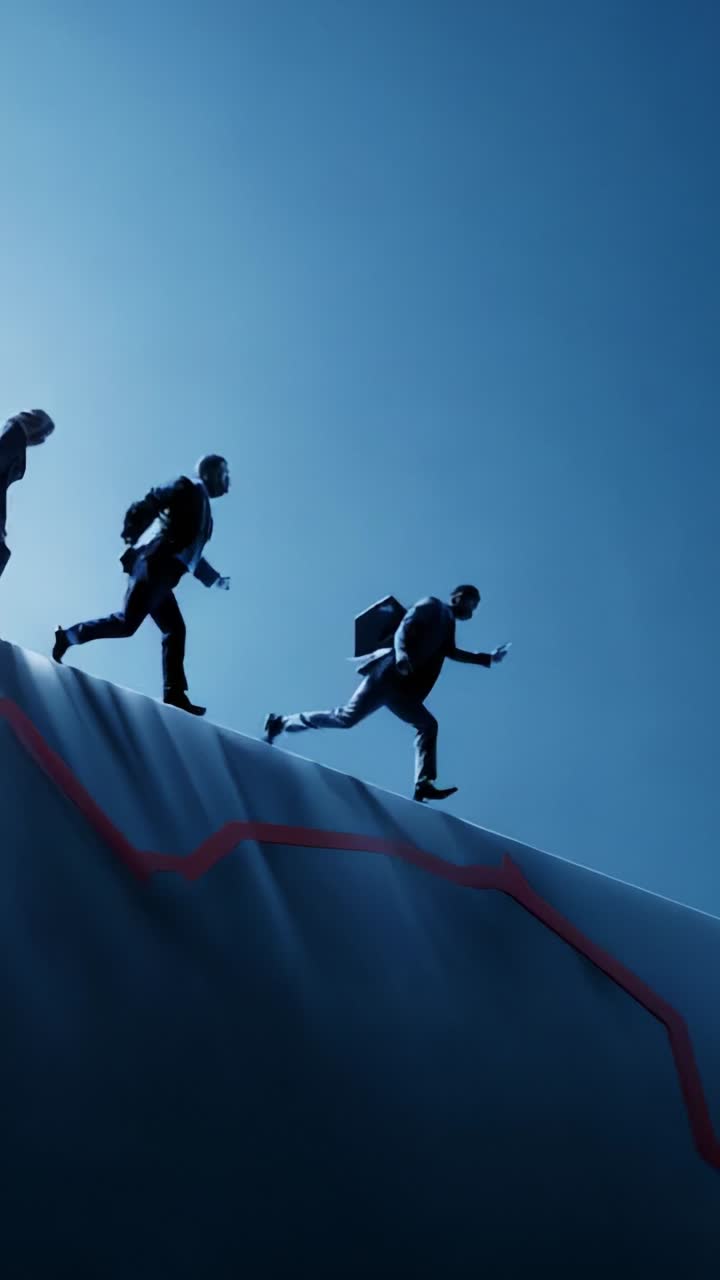 Business professionals racing towards success while overcoming challenges depicted by a declining graph in a creative metaphor for resilience and determination