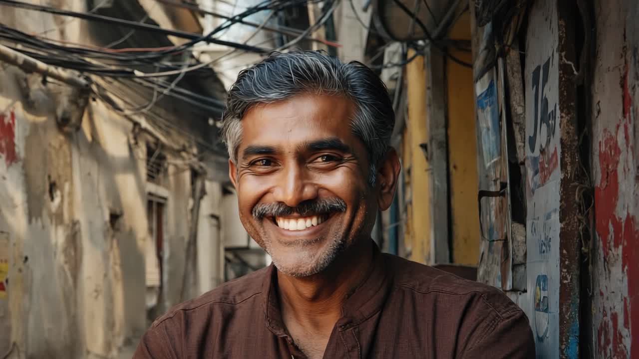 Cheerful Indian man grinning while standing in narrow street, capturing vibrant local neighborhood atmosphere in traditional urban setting