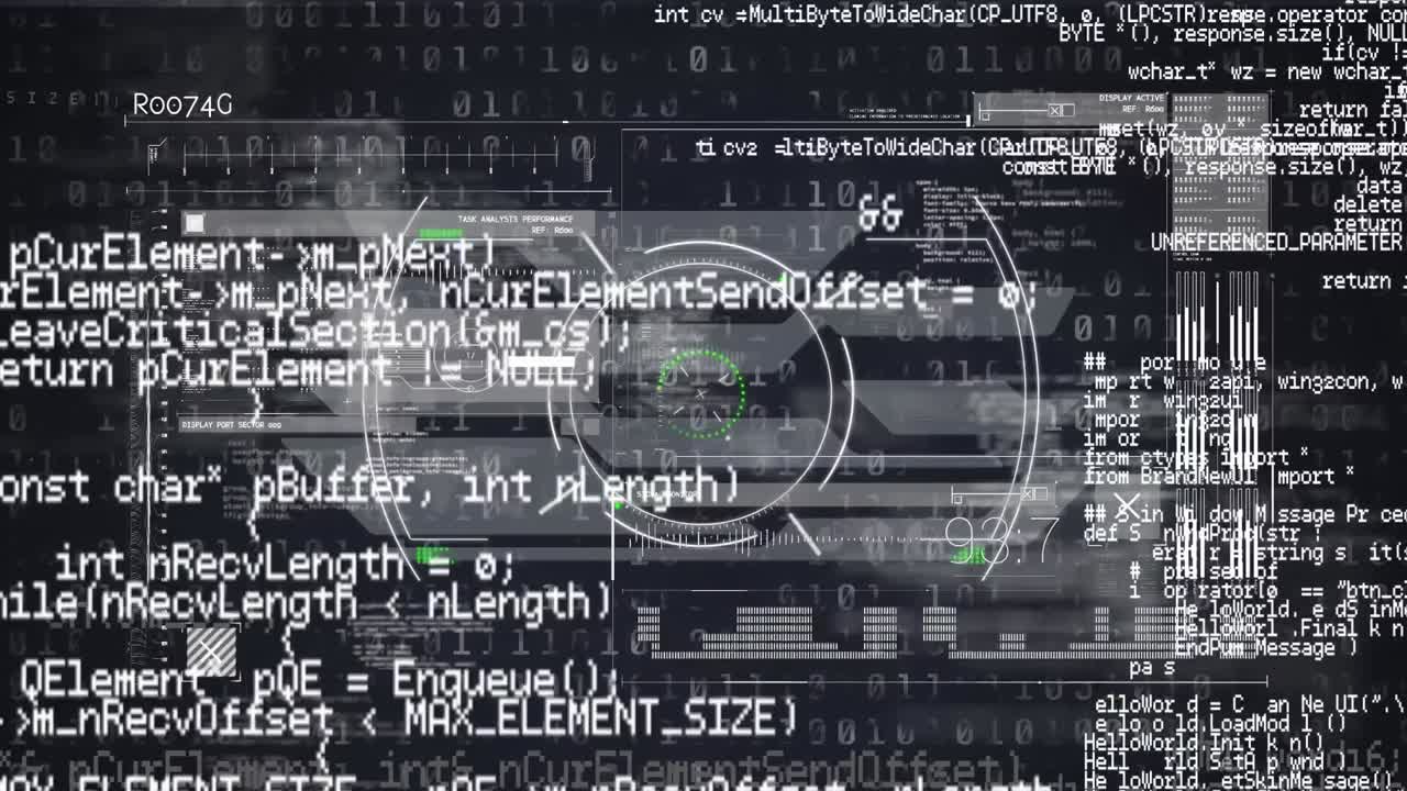 Animation of scope scanning over data processing against black background