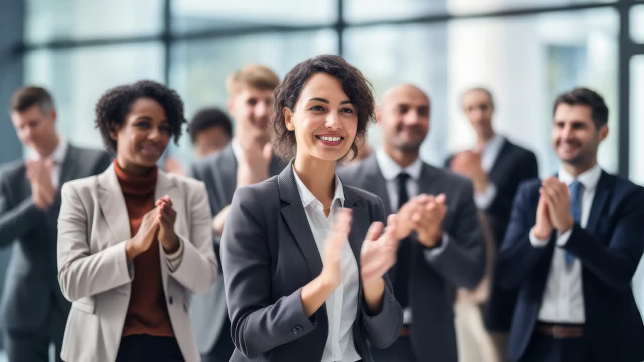 A diverse group of professionals applauding, captured in a video with a low-angle shot
