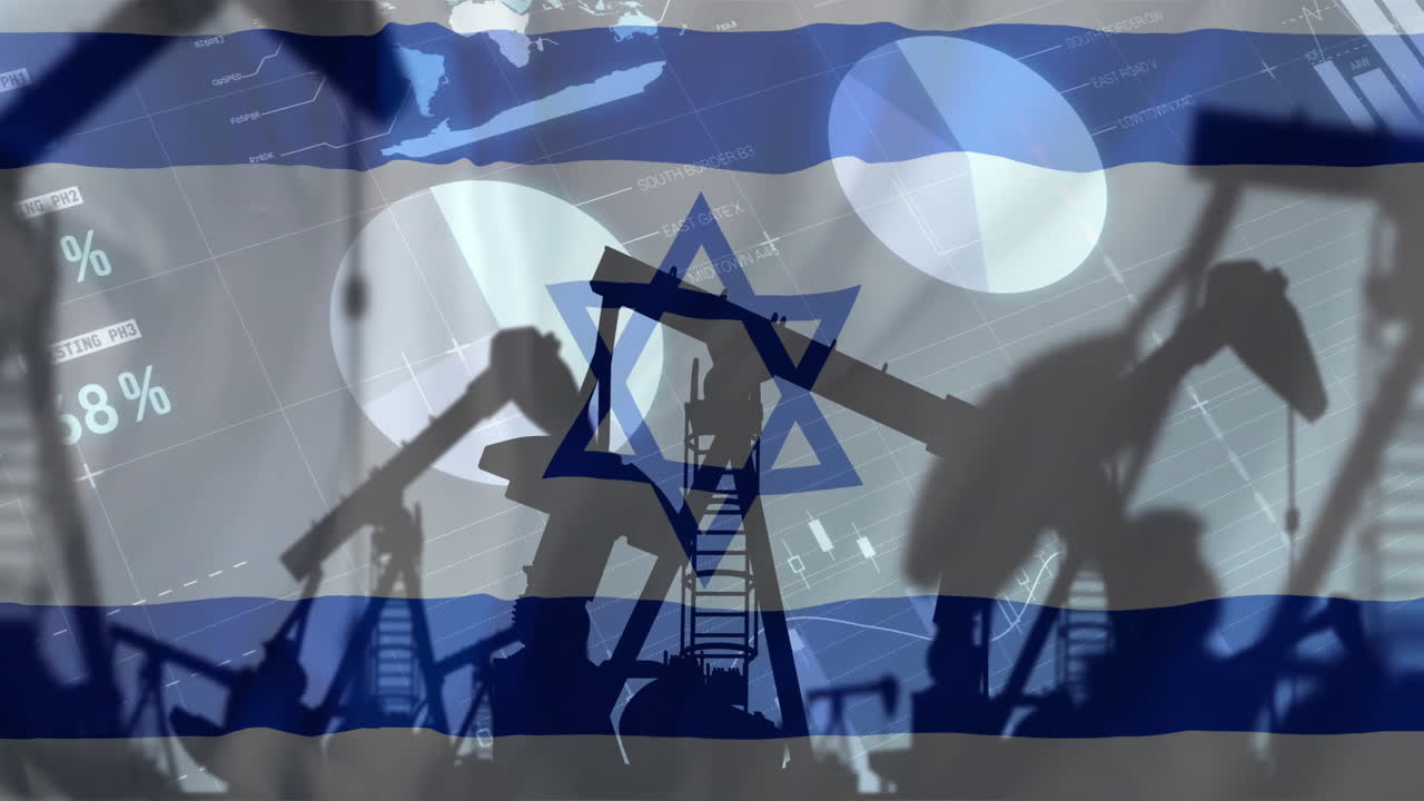 Animation of oil rigs and financial data processing over flag of israel