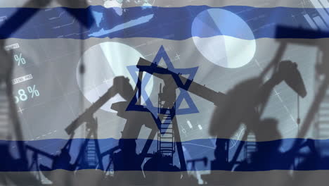 animation of oil rigs and financial data processing over flag of israel