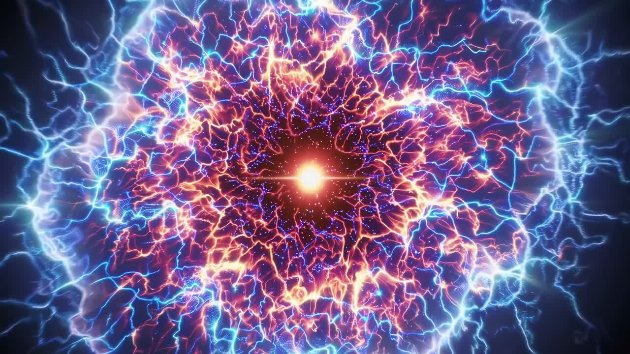 Un'esplosione cosmica vista da un angolo dall'alto, che mostra energia e luce vorticose