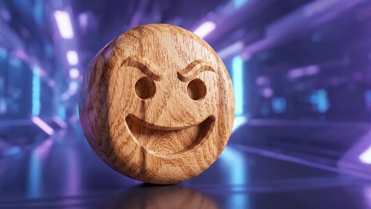 Dřevěné emoji s rošťáckým úsměvem, umístěné na futuristickém pozadí plném barevných světel a elegantní, moderní estetiky.