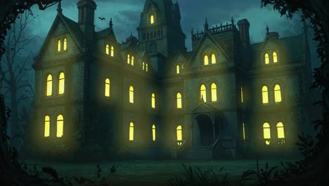 eerie gothic mansion with illuminated windows amidst dark surroundings, evoking a sense of mystery and intrigue in the twilight of the night
