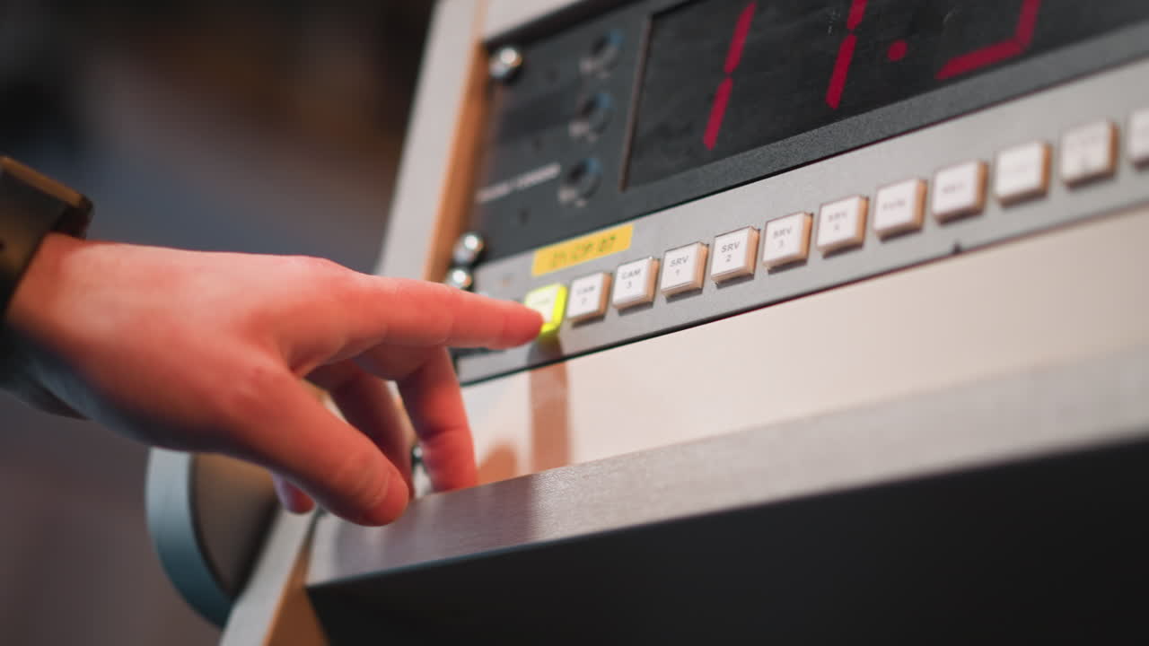 Close-up of hand pressing "CAM 2" button on broadcast control panel with digital timer display, used in television production for switching camera feeds