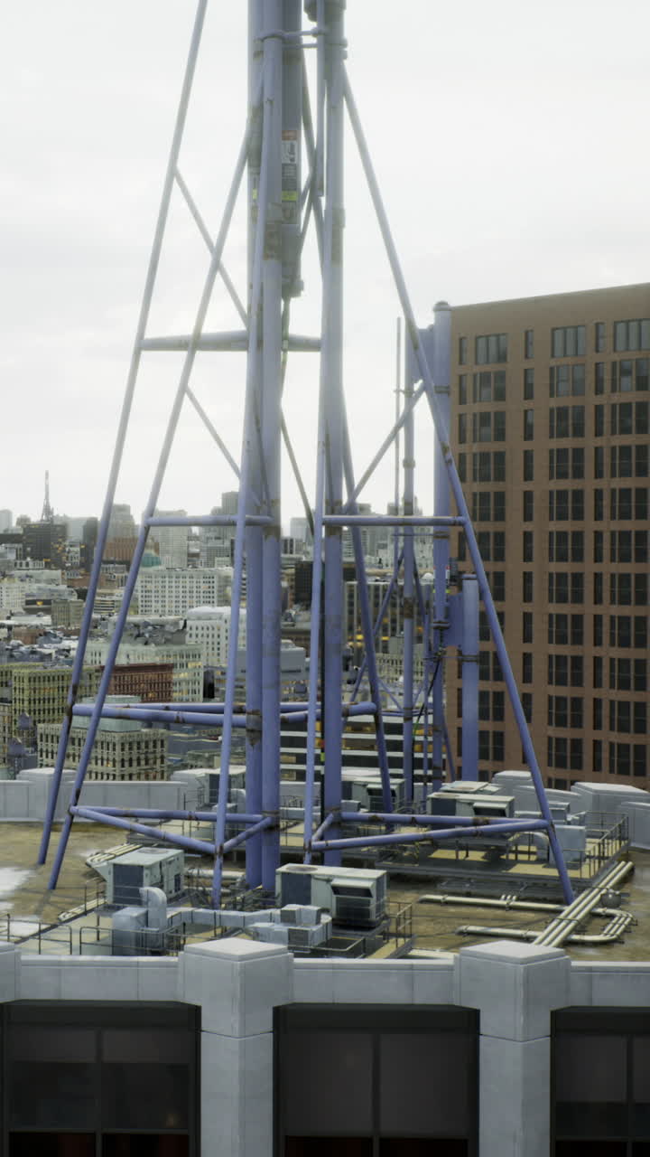 Daytime city skyline with modern buildings and industrial features