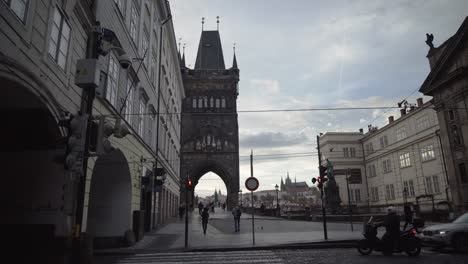 old town bridge tower in prague, czech republic, gimbal walking wide angle view