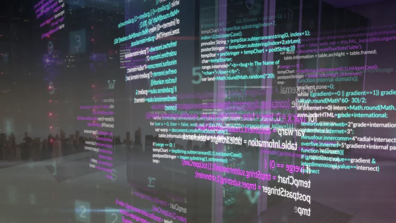 Animation of cyber security data processing over computer server room against view of cityscape