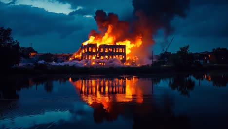 a large building on fire in the middle of a body of water