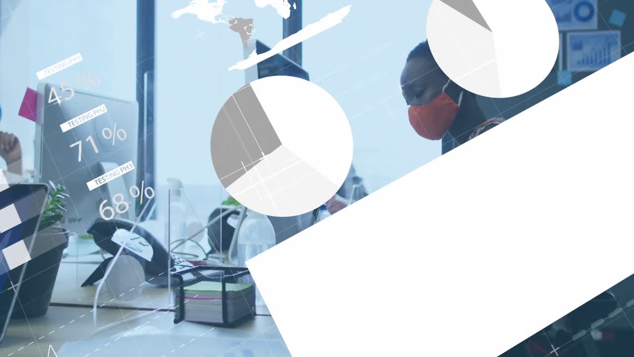 사무실에서 메모를 취하는 아프리카계 미국인 여성에 대한 통계 데이터 처리의 애니메이션