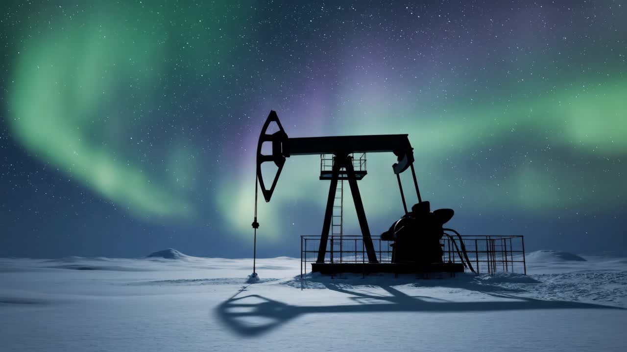 Oil Rig Under the Northern Lights in a Winter Landscape