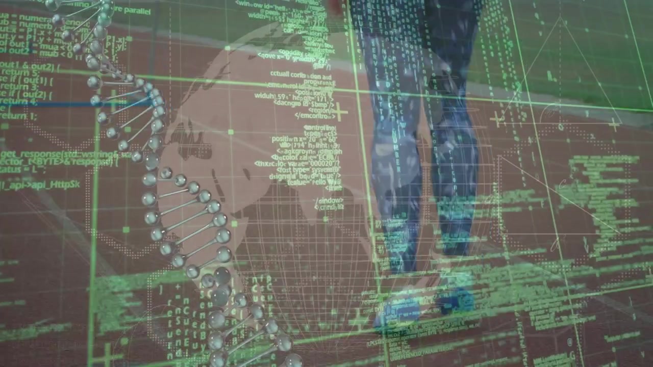 Animation of screen with scientific data, globe and dna over legs of caucasian woman running