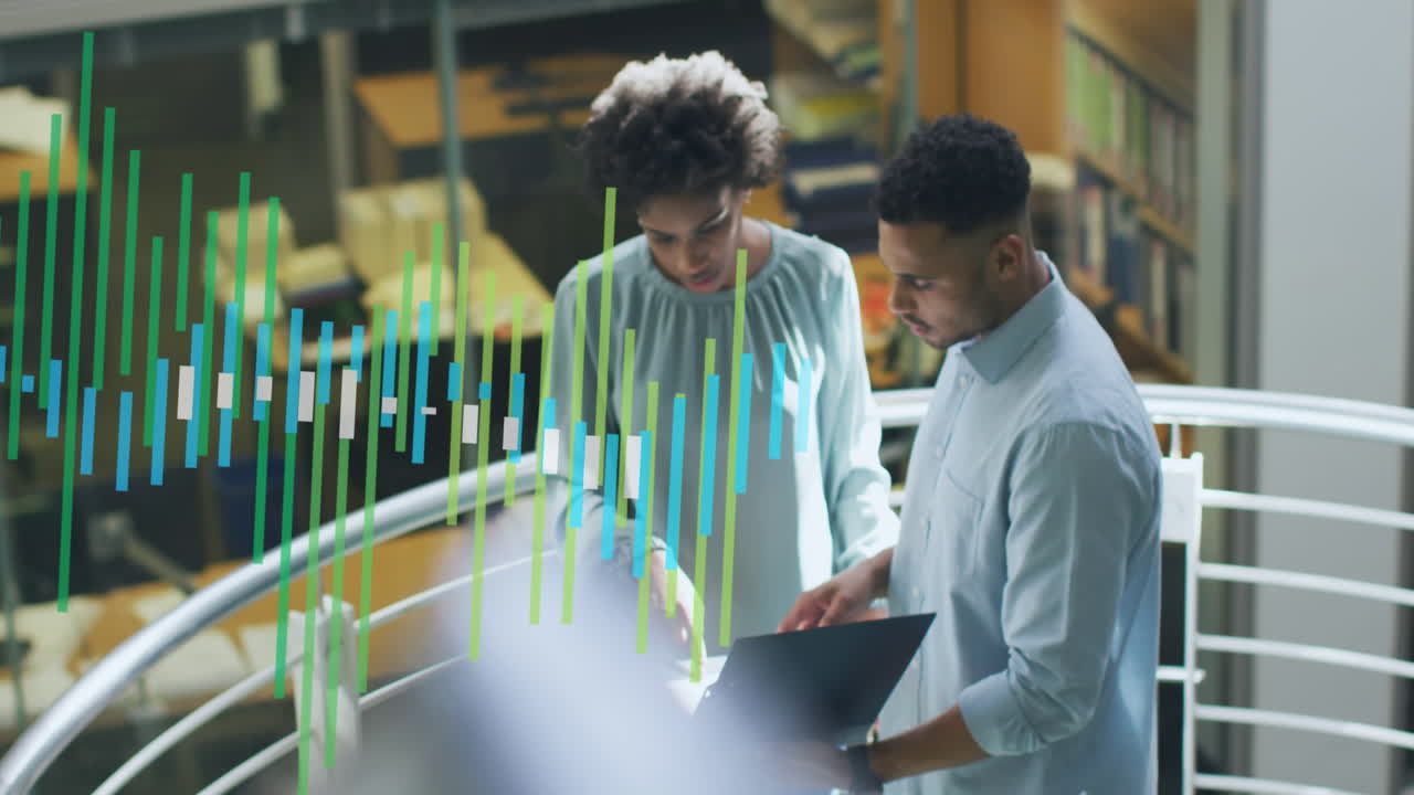 Animation of financial data processing over diverse business people discussing work at office