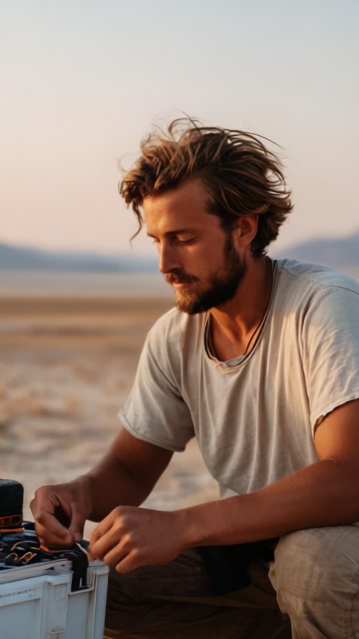 Una persona concentrata impegnata in un lavoro manuale in un paesaggio naturale durante il tramonto, che illustra la dedizione e la maestria artigianale in un ambiente sereno