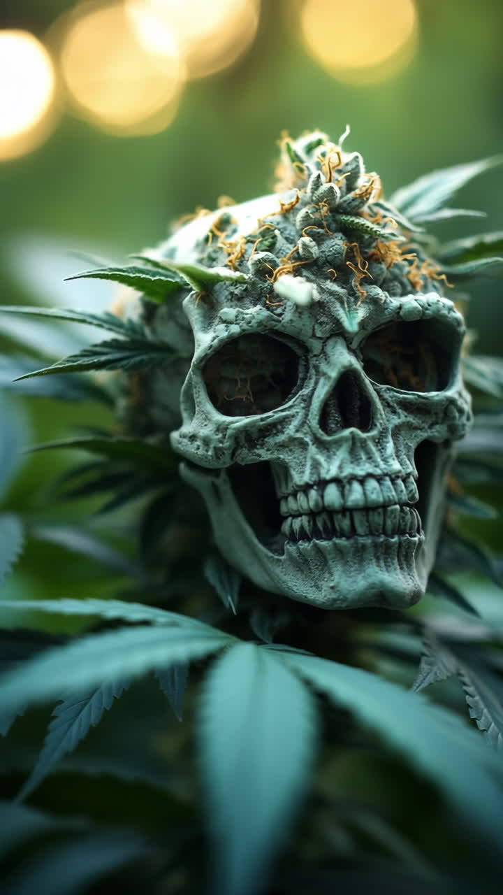 Skull with green cannabis plants. A textured skull partially draped in lush green cannabis leaves creates a striking visual contrast.