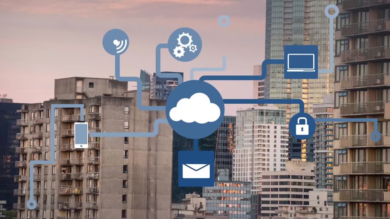 Animation connected icons forming flow chart over modern buildings against cloudy sky