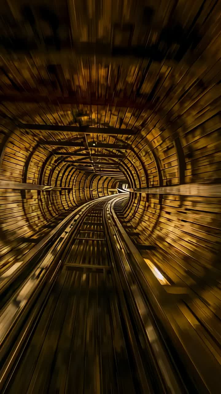 Vertical video: Starting ride, camera moving through wood ribs toward exit past twin rails