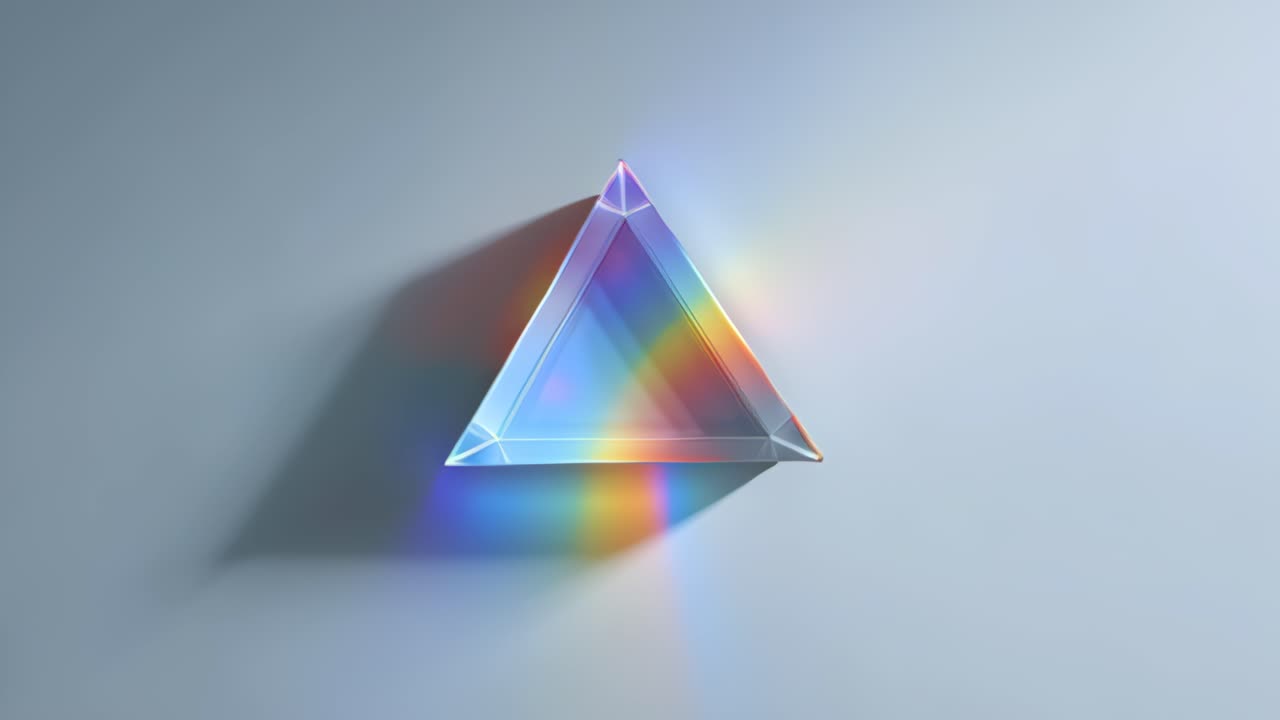 Close-up footage of a transparent triangular glass prism casting a vivid rainbow spectrum on a clean white background, concept of optics, physics, refraction and light
