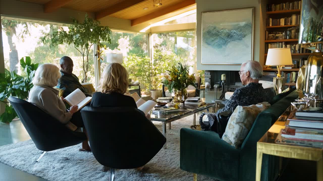 A Cozy Gathering in a Lush Living Room: Friends Engaged in Reading and Conversation Amidst an Abundance of Greenery and Elegant Decor