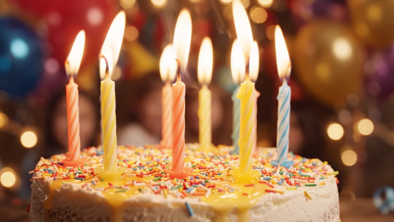 Una celebrazione festosa con una torta di compleanno colorata con candele, circondata da bambini gioiosi e decorazioni vivaci in un'atmosfera di festa allegra.