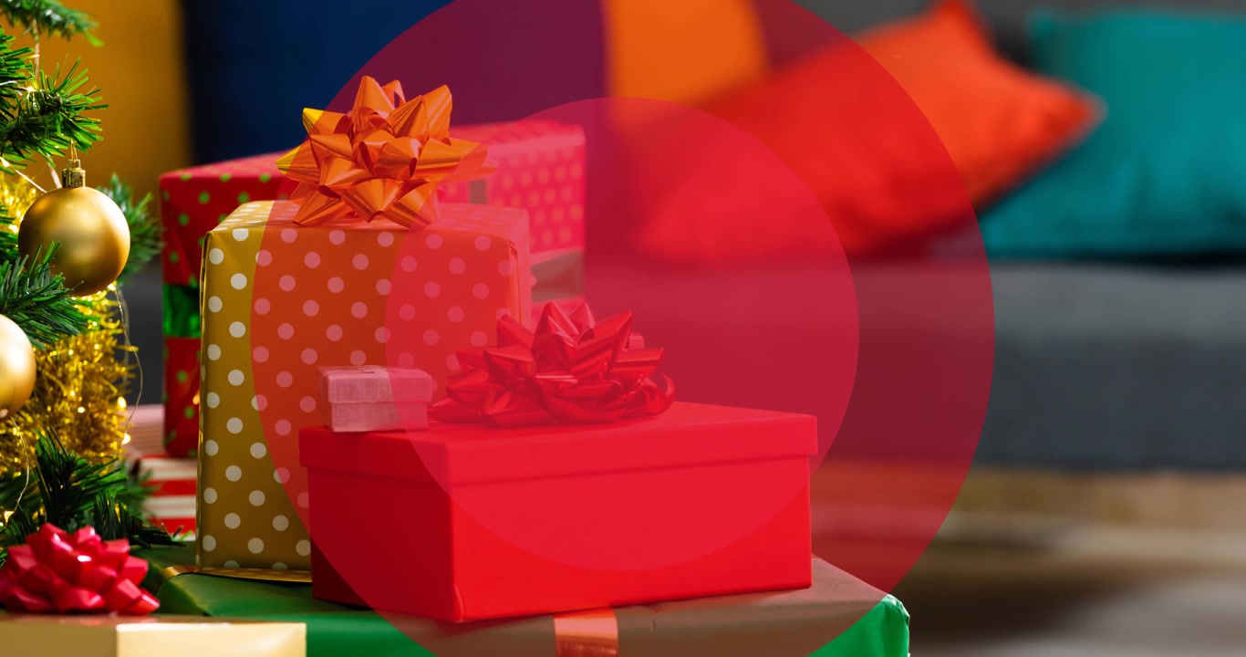 Animation of merry christmas over presents in background
