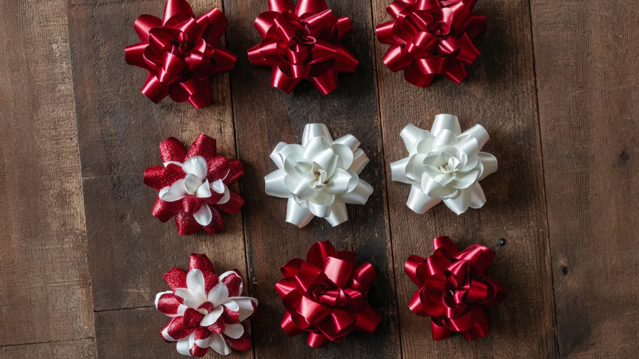 Red and White Christmas Bows on Wooden Background