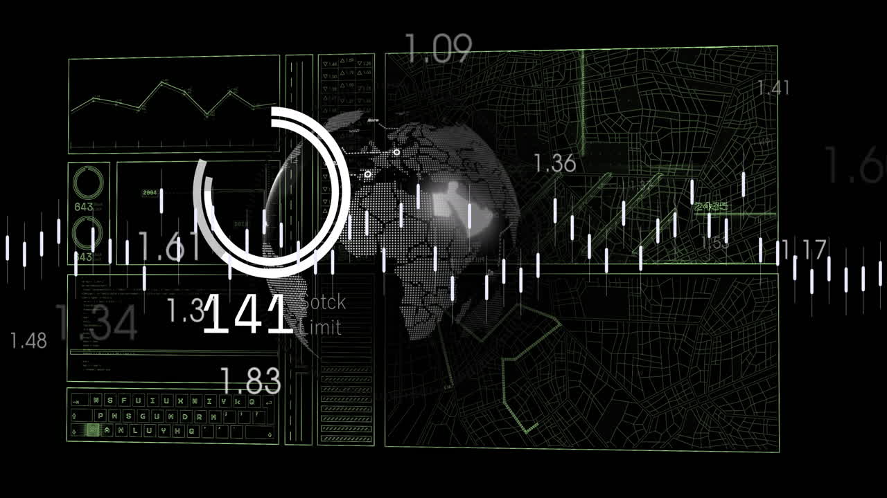 Animation of interface with data processing over spinning globe against black background