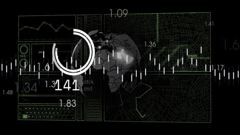 animación de la interfaz con el procesamiento de datos sobre un globo giratorio contra un fondo negro