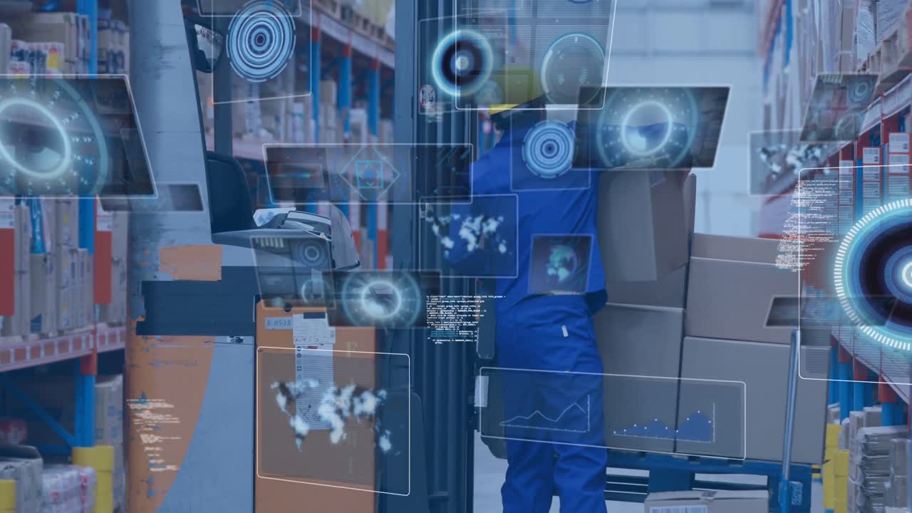 animación del procesamiento de datos con escaneo de alcance sobre un trabajador caucásico en un almacén