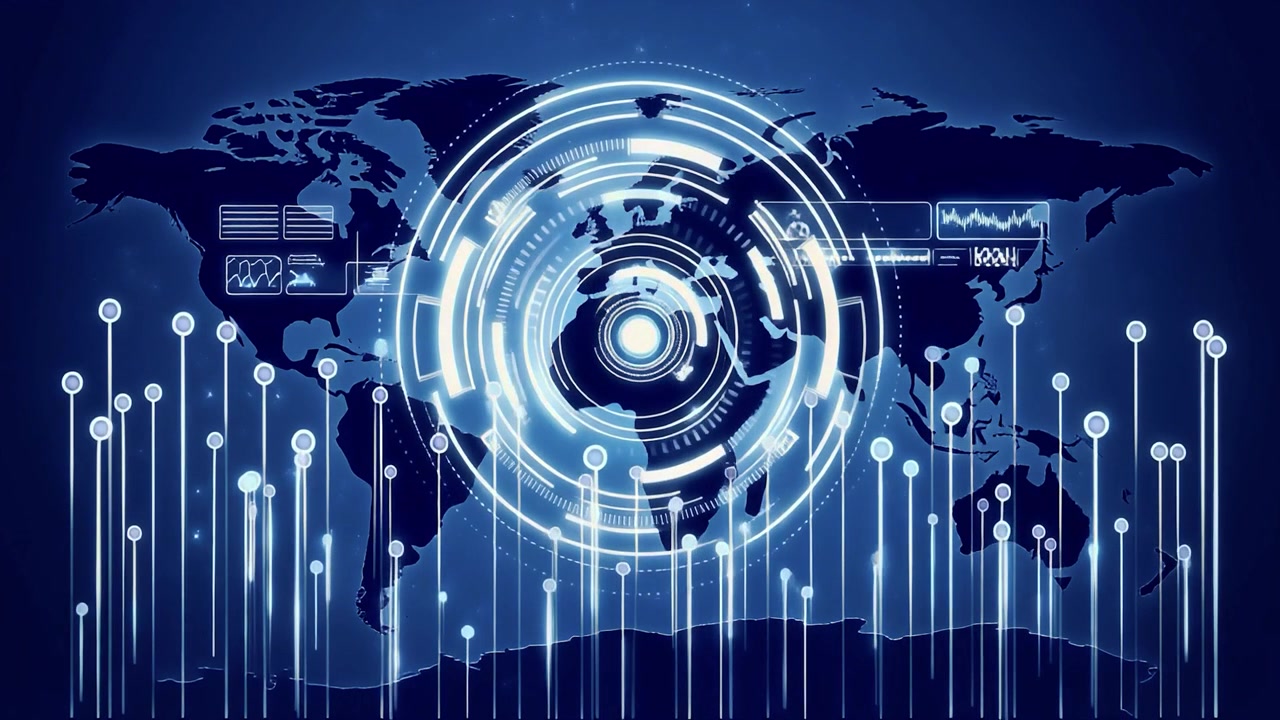 Digital World Map with Animated Data Visualization and HUD Interface