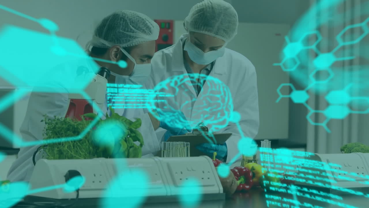 Animation of data processing and brains over caucasian scientists in lab