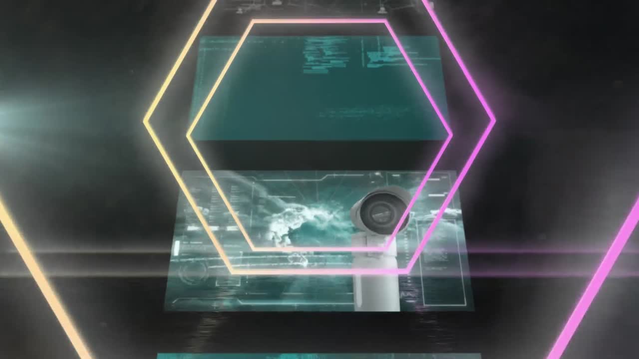 인터페이스 화면 위에  ⁇ 박이는 네온 육각형의 애니메이션 데이터 처리, 검은색