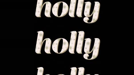 animation of holly text in repetition at christmas on black background