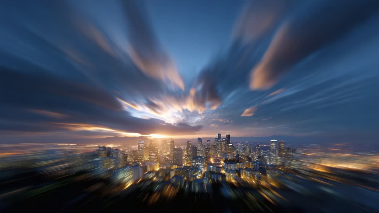 Stunning Urban Skyline Transitioning from Evening to Night with Dynamic Cloud Patterns and Illuminated Buildings in a Captivating Cityscape