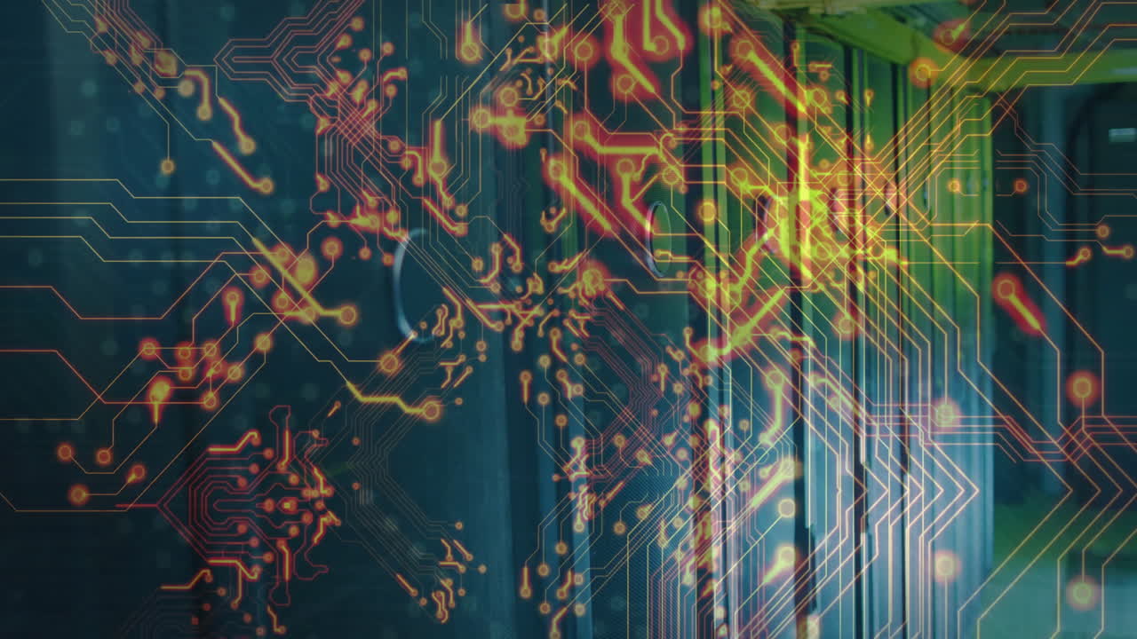 Glowing lights on circuit board pattern creating animation over tech background