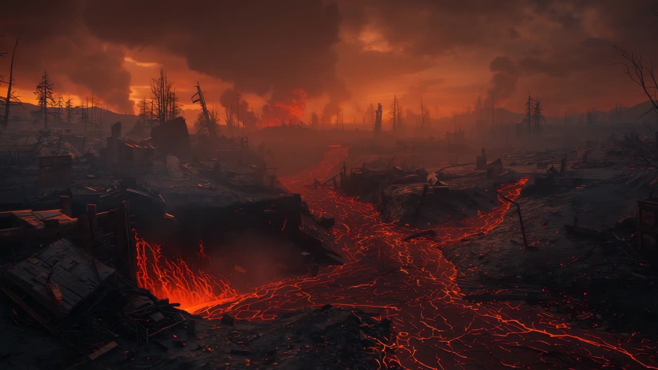 Smoldering cracks sparking lava river flowing across volcanic terrain, with charred beams