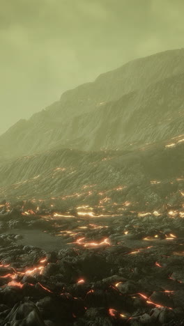 lava flows illuminate a surreal volcanic landscape under an eerie sky