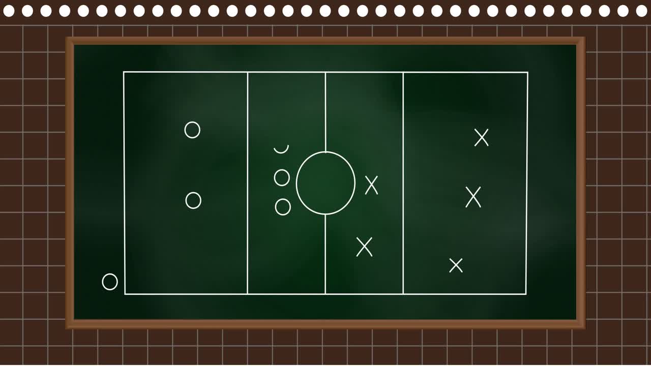 Animation of football game strategy drawn on green chalkboard against square lined brown background