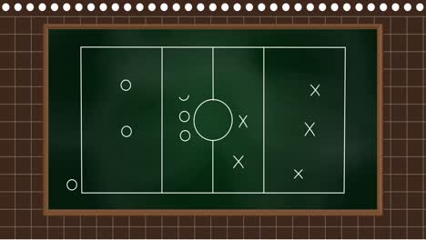 animation of football game strategy drawn on green chalkboard against square lined brown background