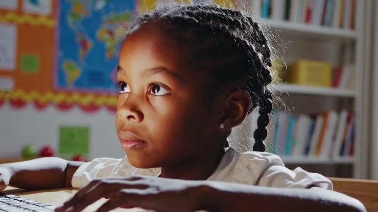 A focused child with braided hair uses a computer in a classroom