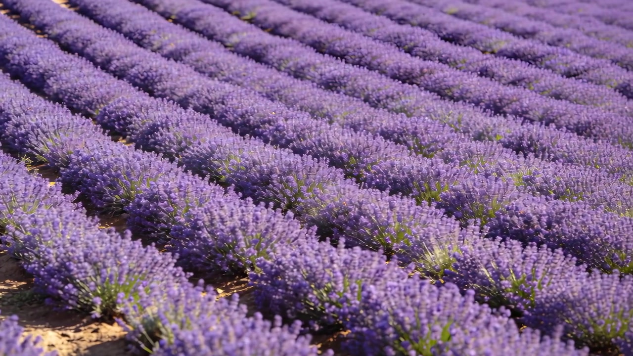 La telecamera inizia una carrellata sopra gli arbusti di lavanda, rivelando file parallele nel campo e enfatizzando il motivo.