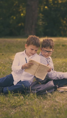 happy schoolboy shows textbook to smiling friend preparing for exams on green grass in sunny and shady park