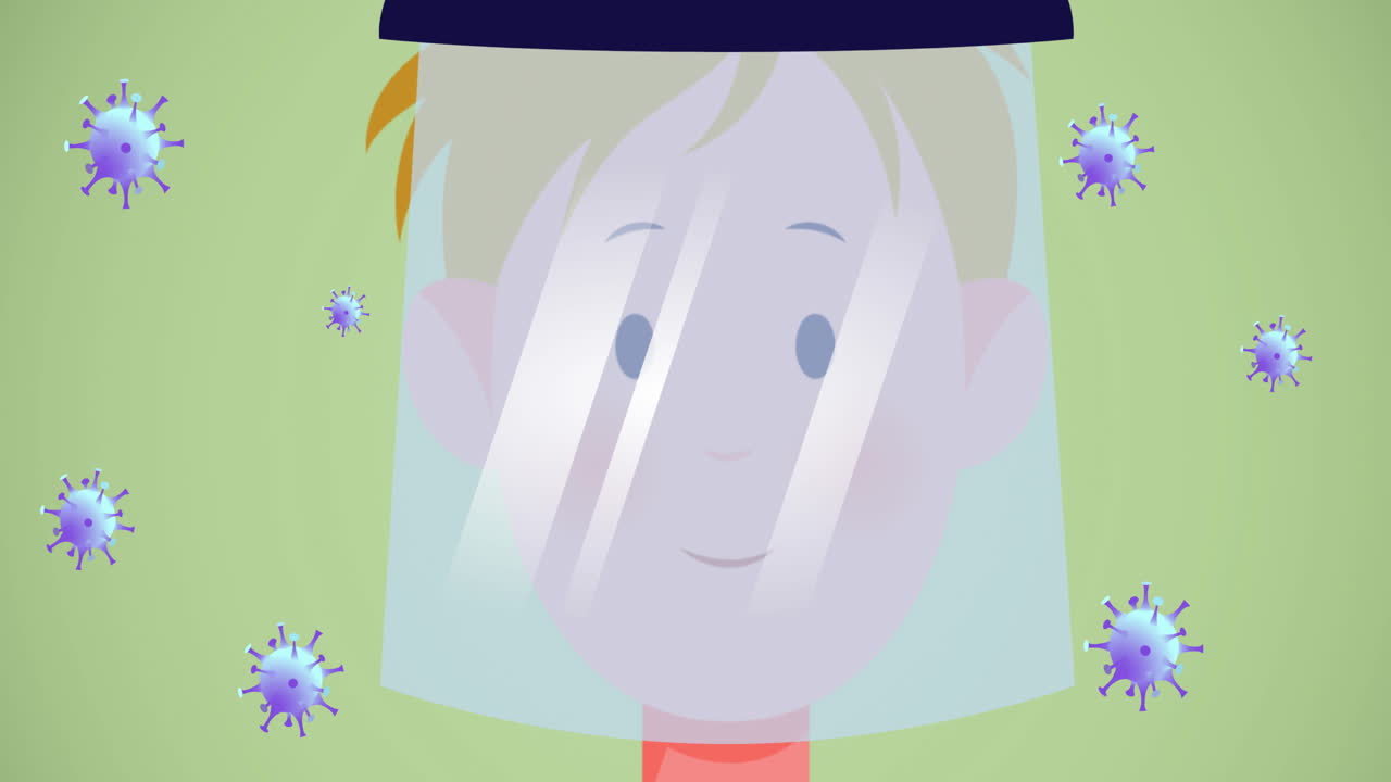 바이러스 아이콘 위에 얼굴 방패를 가진 남자의 애니메이션