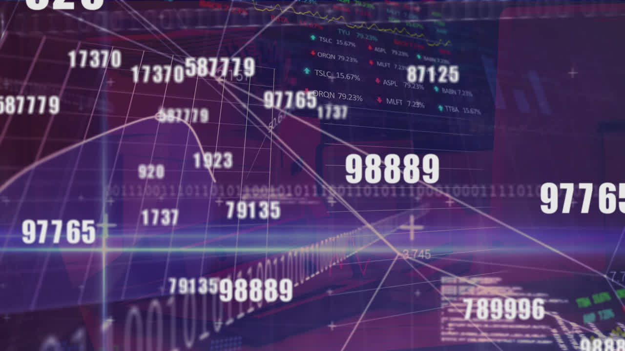 Animation of numbers changing and financial data processing on purple background