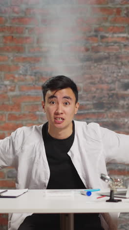 Excited young Asian scientist in white uniform with smoke rising above head angry of test fail sits at workplace in scientific laboratory