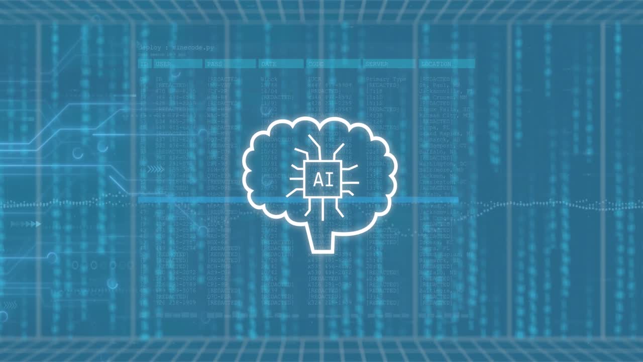 Animation of ai data processing over binary coding with ai icons