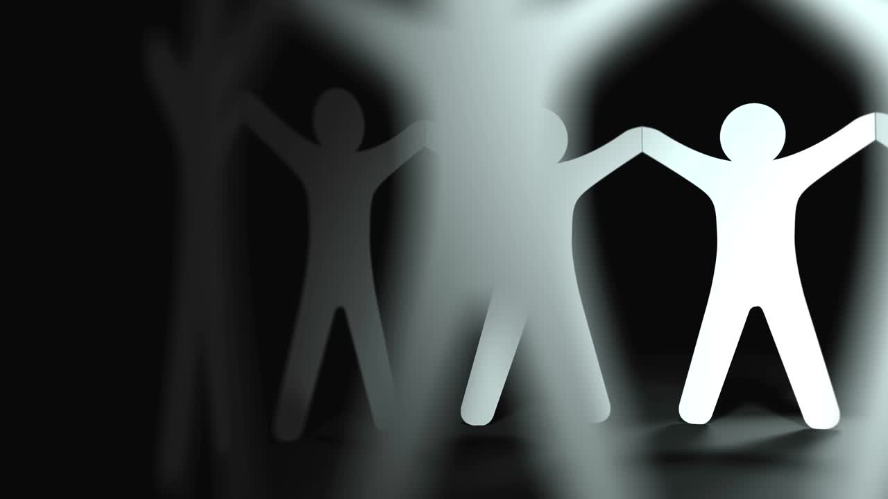 팀워크 개념: 인간 종이 인형 사람들이 회전하는 원을 잘라 그림자가 회색 바닥에 반사, 루프 배경