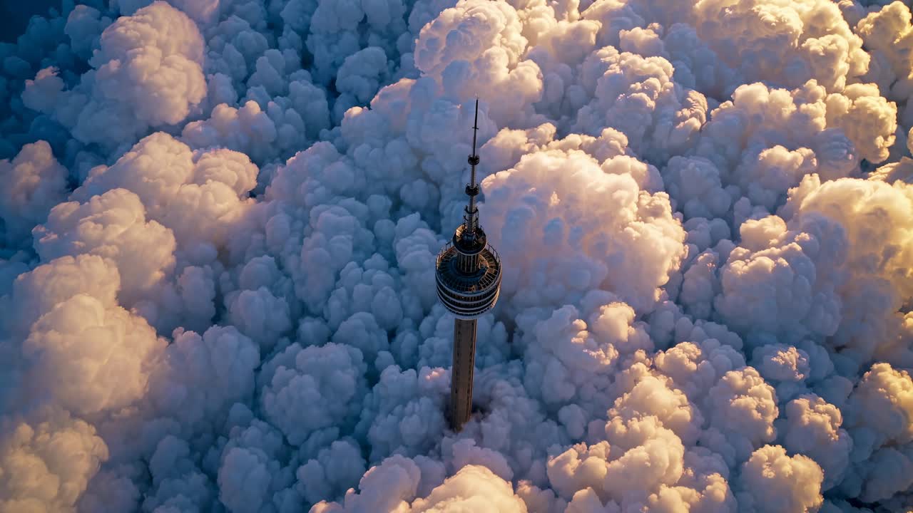 Aerial view of a tower piercing through fluffy clouds, creating a surreal, dreamlike scene